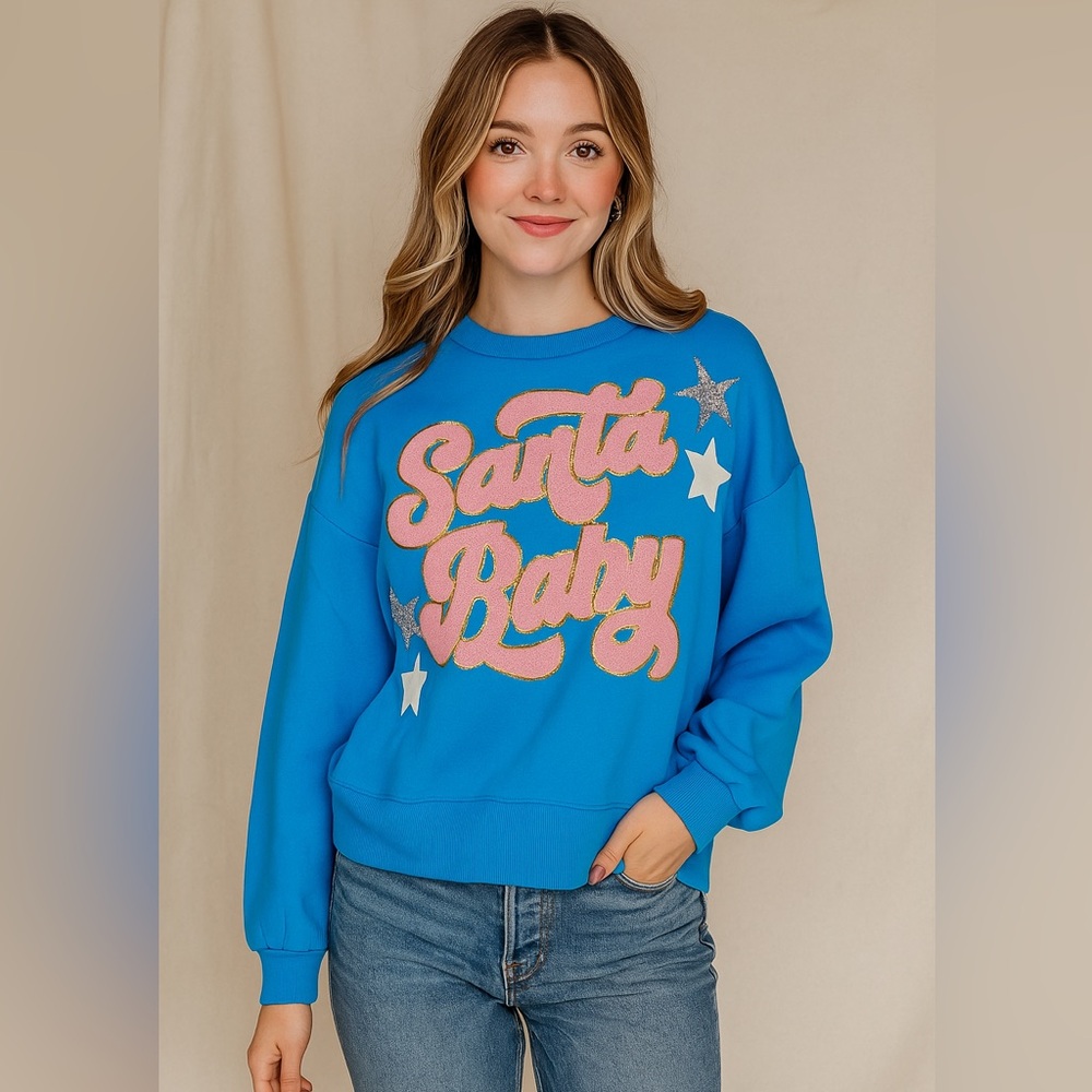 Judith March Santa Baby Blue Holiday Christmas Long Sleeve Sweatshirt Small